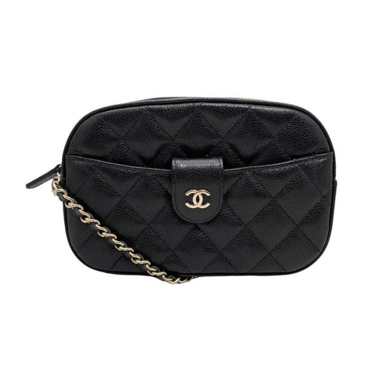 Chanel Shoulder Bag Chain Wallet Quilted Caviar Leather Black