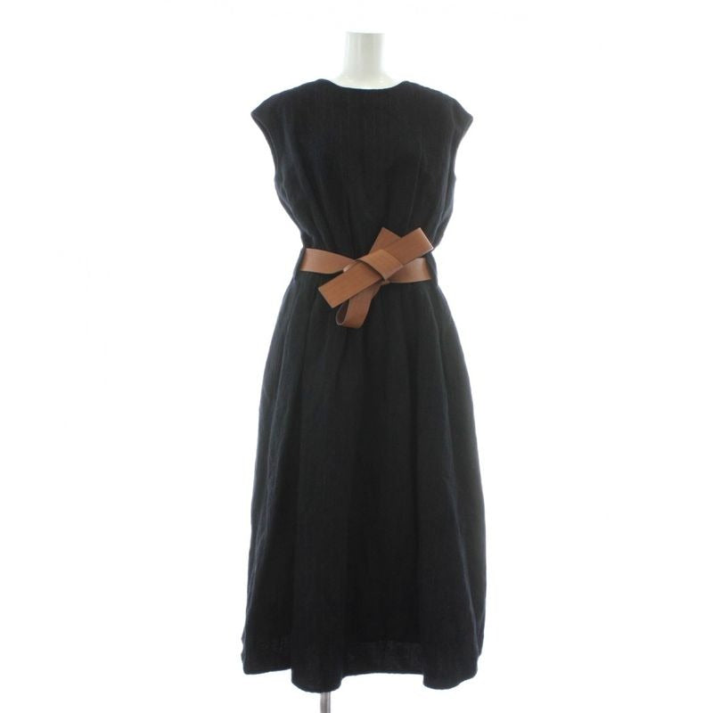 Loewe 21 SS Dress Wool Sleeveless Long Striped Leather With Belt 32 XS Navy Blue