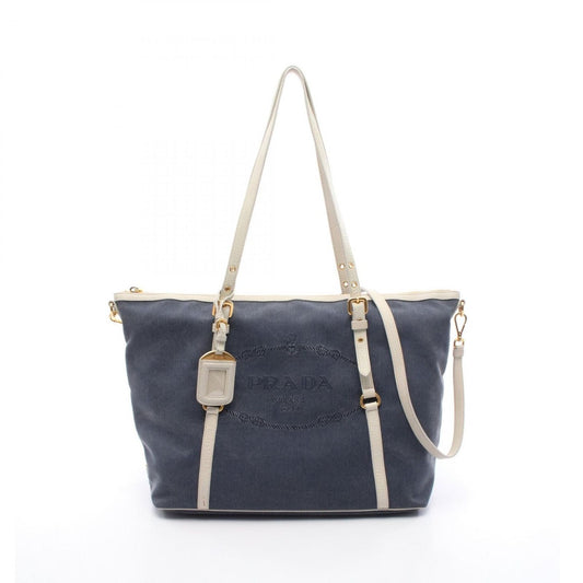 Prada Tote Logo Jacquard Navy Canvas Leather