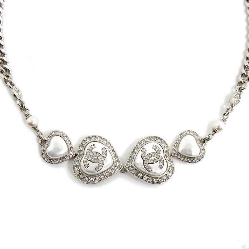 Chanel Necklace Heart Rhinestone Silver 23 B Abb614 Faux Pearl Coco