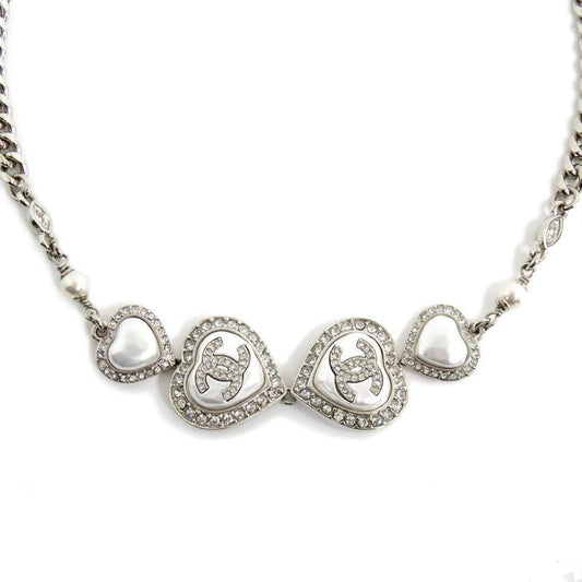Chanel Necklace Heart Rhinestone Silver 23 B Abb614 Faux Pearl Coco