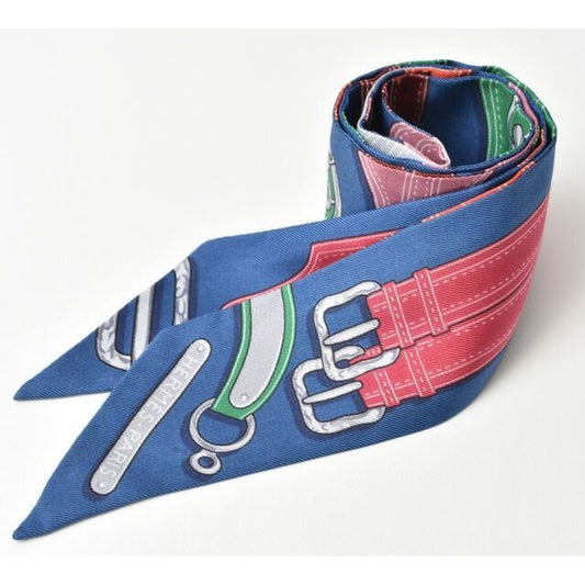 Hermes Twirly Scarf Silk Twill Belt Motif Blue Multi