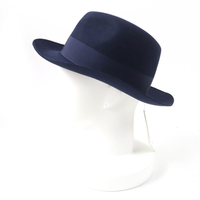 Hermes Rabbit Felt Lined 100% Silk Leather Use Felt Hat Navy 56 Made In Italy