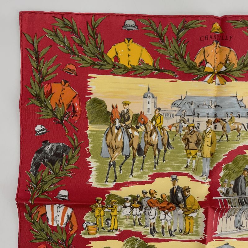 Hermes Carre 45 Chantilly Chien Ti Racecourse Red And Multicolor 100% Silk Scarf