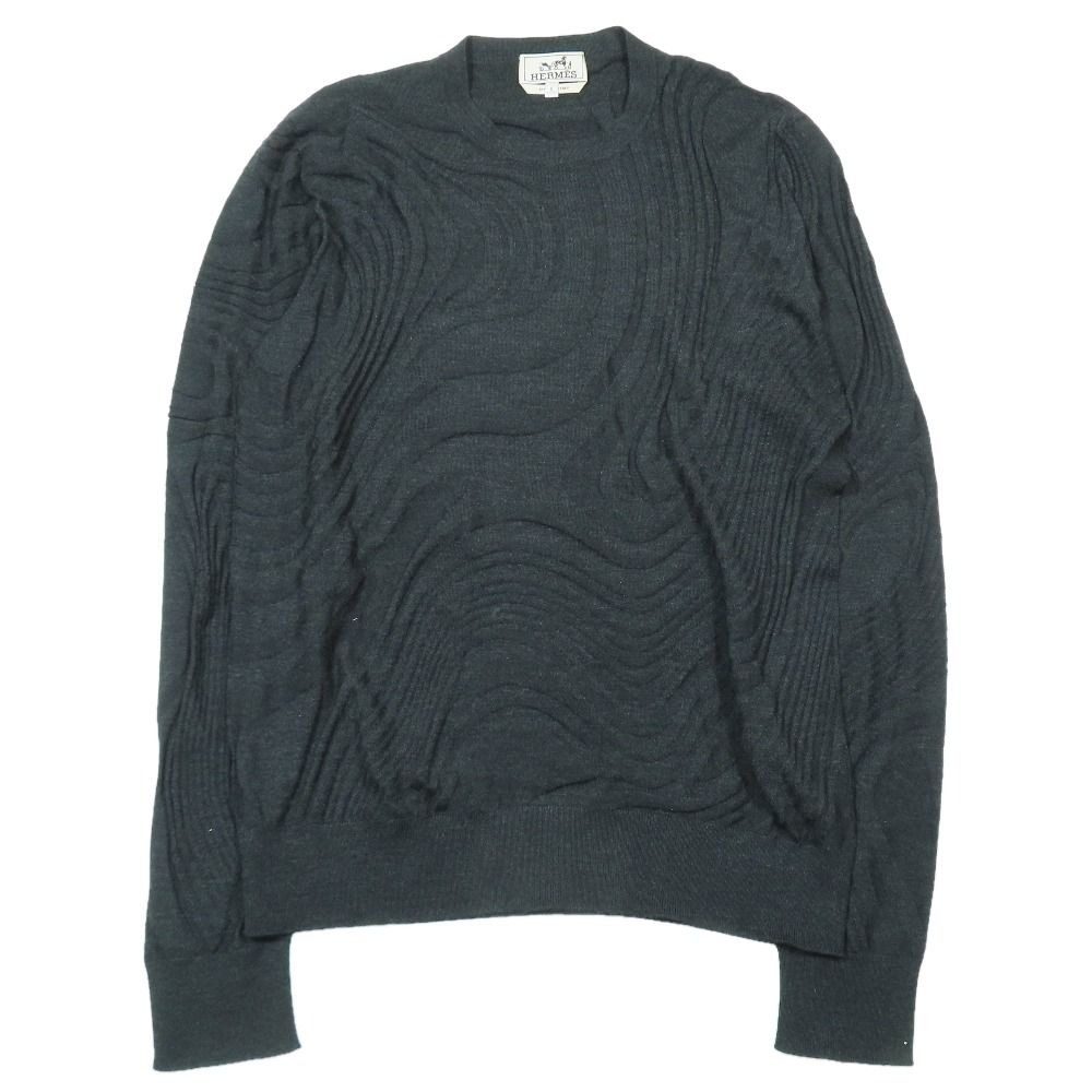 Hermes Wool Knit Sweater Long Sleeve Crew Neck Wave Embossed Top S Black
