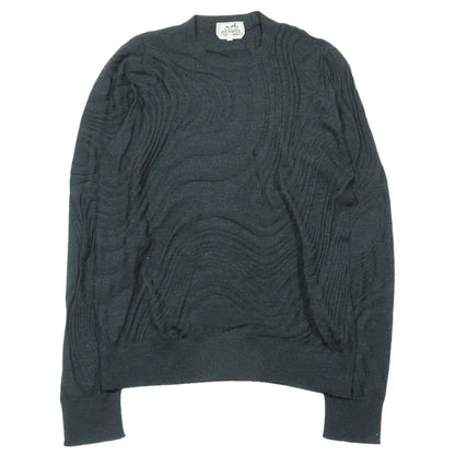Hermes Wool Knit Sweater Long Sleeve Crew Neck Wave Embossed Top S Black