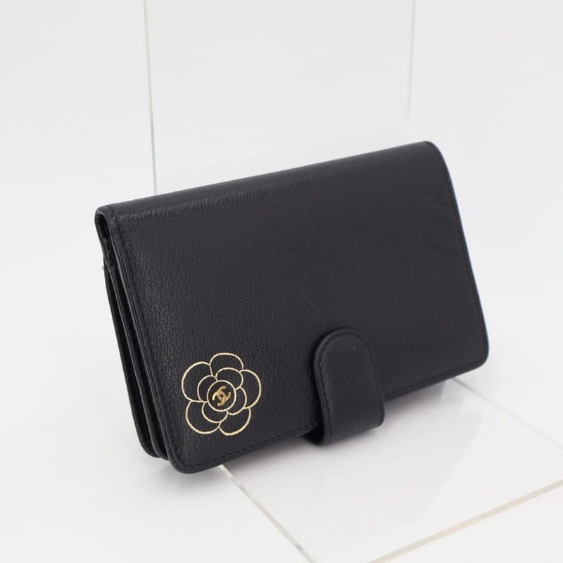 Chanel Camellia Bifold Wallet Leather Black