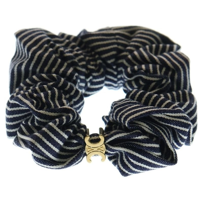 Celine Striped Hair Tie Scrunchie Triomphe Navy White Gold Hardware