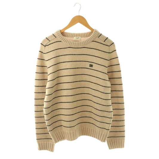 Celine Triomphe Border Crew Neck Knit Sweater Long Sleeve S Beige AD
