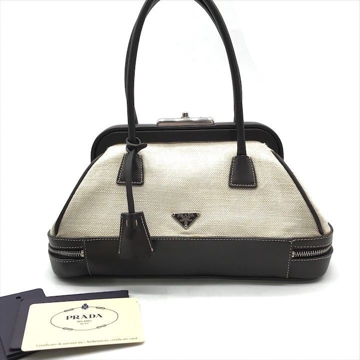 Prada Canvas Leather Mini Hand Bag Clasp Brown