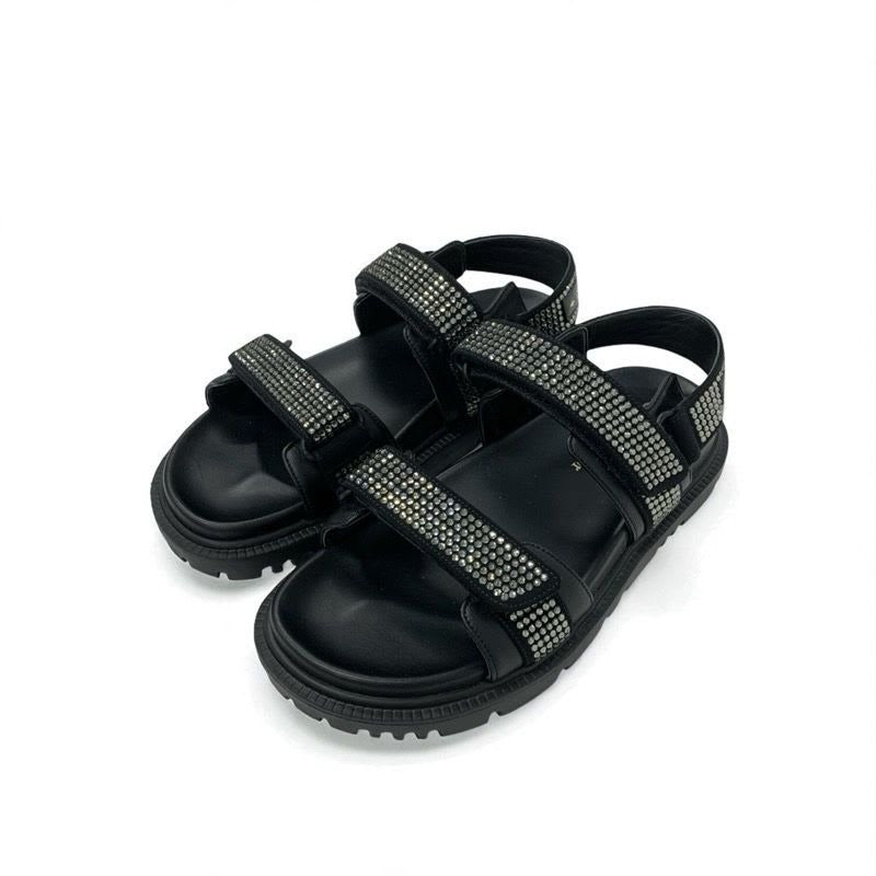 Christian Dior Sandals Shoes Lambskin Black Logo Rhinestone Velcro Strap Sports