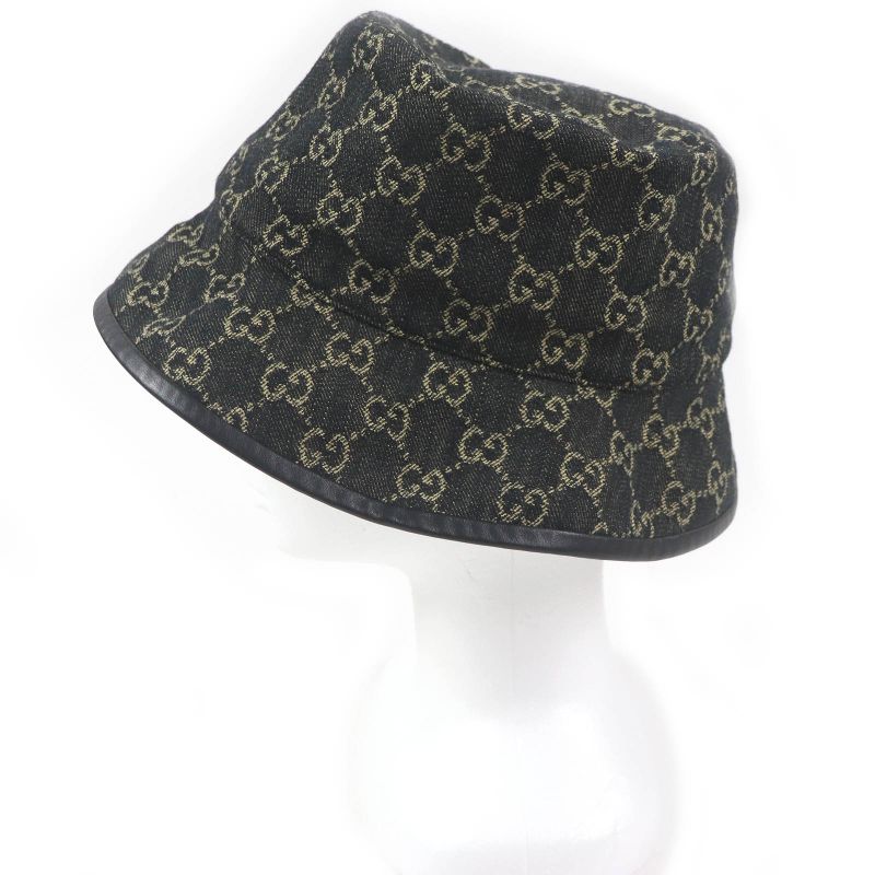 Gucci 576371 Cotton GG Logo Allover Leather Piping Denim Bucket Hat Black L