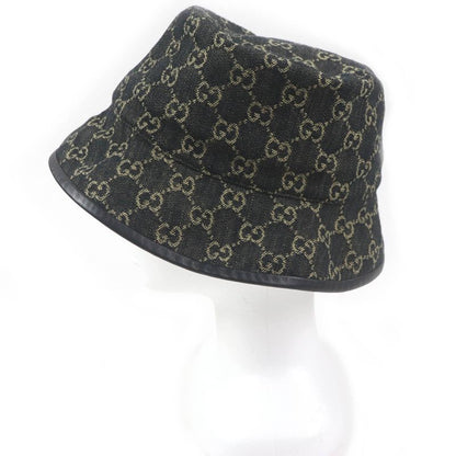 Gucci 576371 Cotton GG Logo Allover Leather Piping Denim Bucket Hat Black L