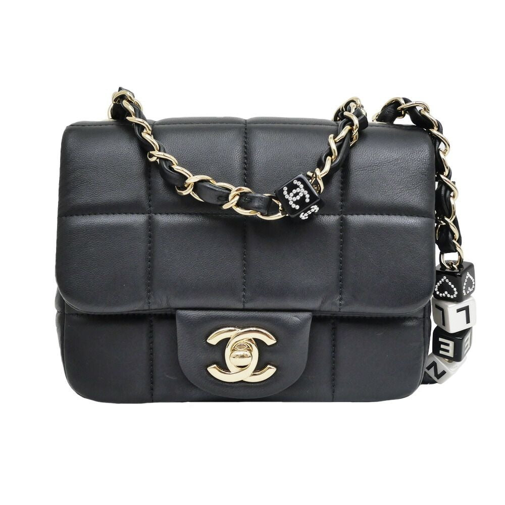 Chanel Choco Bar Chain Clutch Shoulder Bag Lambskin Black Gold