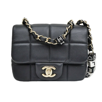 Chanel Choco Bar Chain Clutch Shoulder Bag Lambskin Black Gold