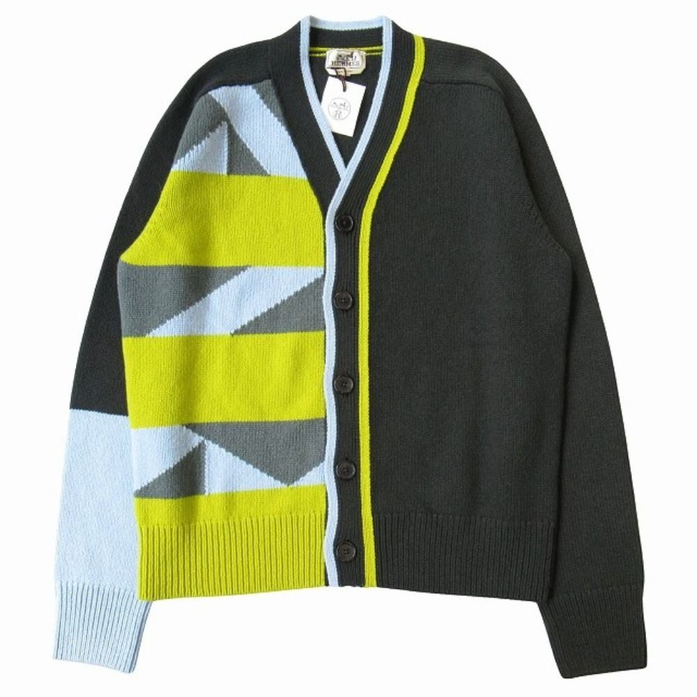 Hermes Tang Lambskin Striped Cardigan Top Cashmere Archive XL Green Multi
