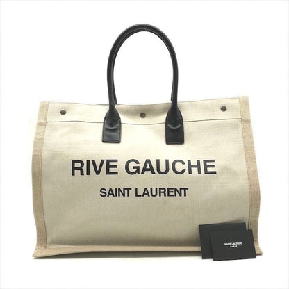Saint Laurent Rive Gauche Canvas Leather Tote Beige Large Capacity Travel