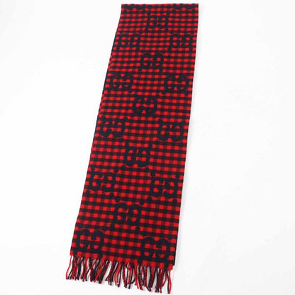 Gucci 644365 Wool Jumbo GG Checked Jacquard Scarf With Fringe Red Black 240 X