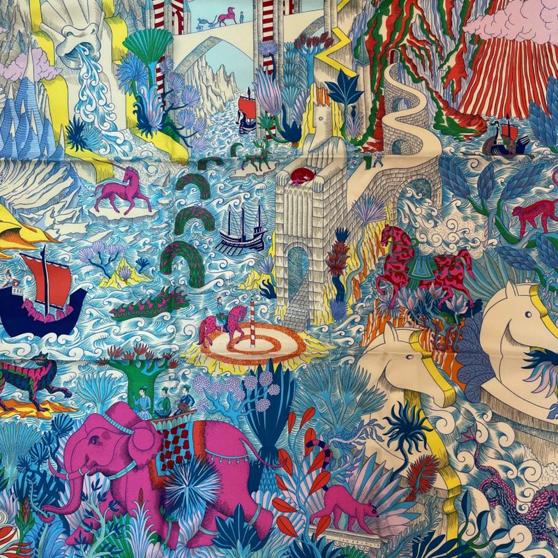 Hermes Carre 90 Silk Cosmo Graphia Universalis Space Magazine Scarf Multicolor
