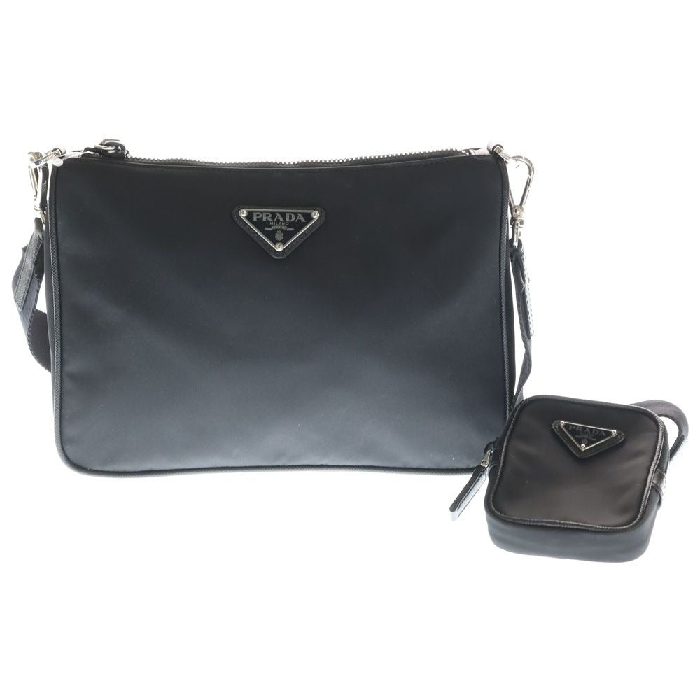 Prada Triangle Logo Shoulder Bag Black Tessuto Silver