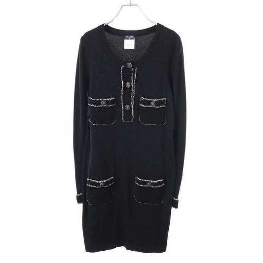 Chanel Coco Mark Button Tweed Fringe Cashmere Knit Dress Black 38