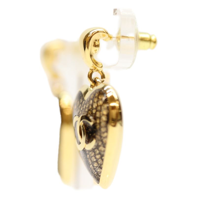 Chanel C24K Gold Black Heart Lace Design Coco Mark Earrings