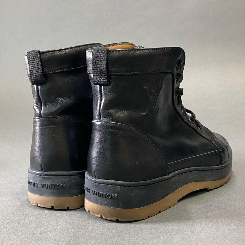 Louis Vuitton LV Logo Lace Up Boots Shoes 7 Black Leather