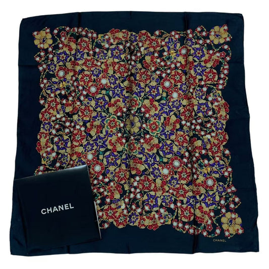 Chanel Scarf Silk Pattern Logo Black