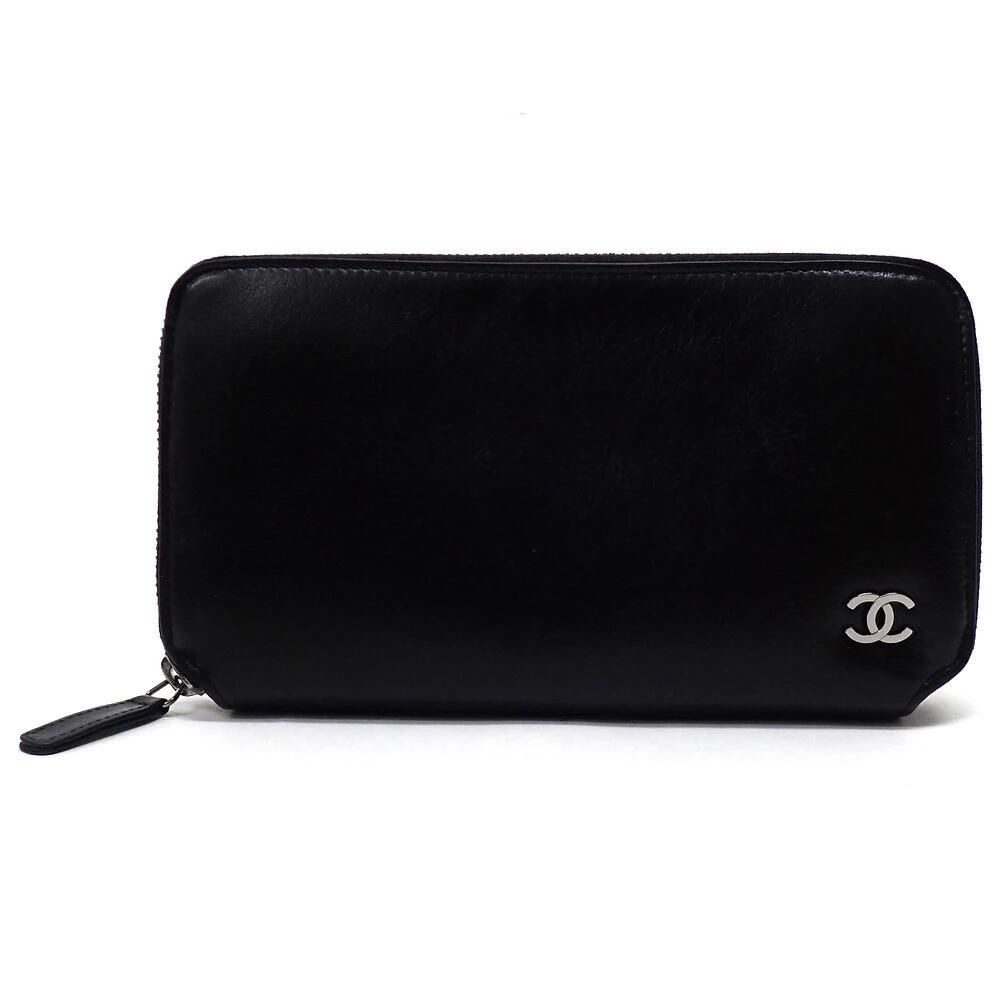 Chanel Zip Around Wallet Leather Black Silver 8 Digits