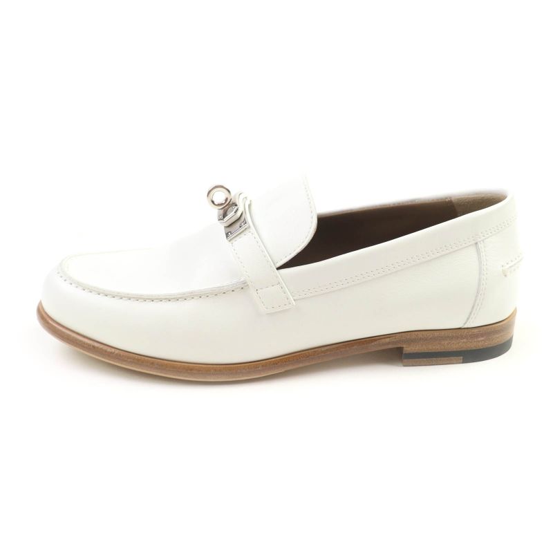 Hermes Moccasin Destin Silver Hardware Leather Loafer With Kelly Buckle White
