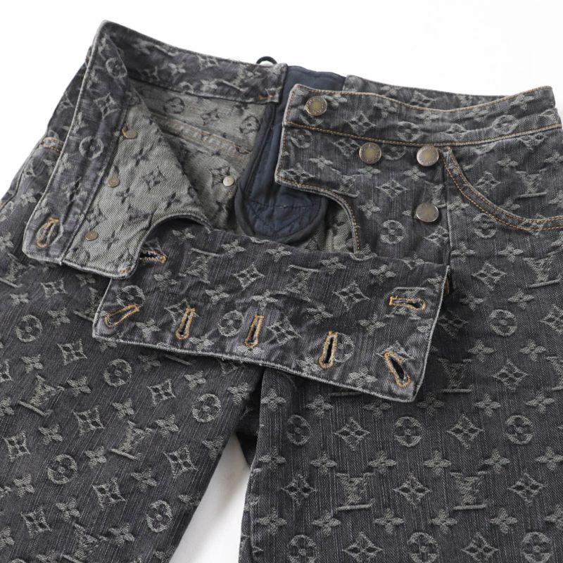 Louis Vuitton 100% Cotton Monogram Denim Pants With Logo Button Indigo Black 38