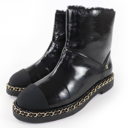 Chanel Coco Mark Shearling Leather Short Boots Black 36 Boxes