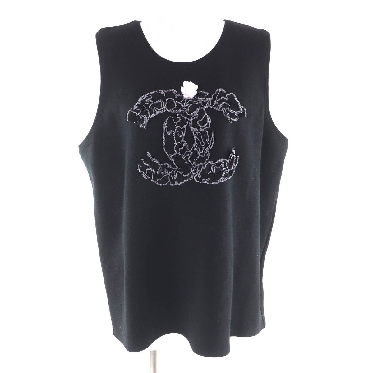 Chanel Wool CC Logo Tank Top with Camellia Brooch Black Super