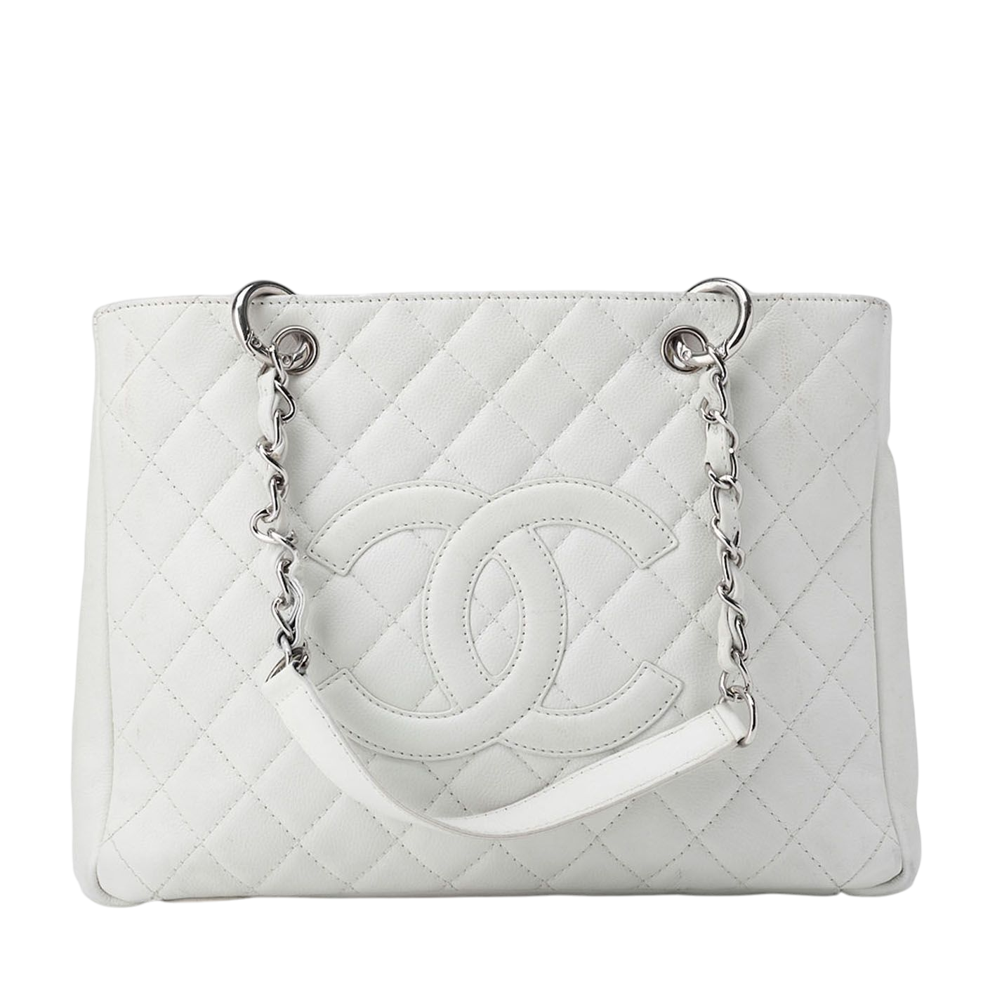 Chanel Shoulder Bag Matelasse Caviar Skin White Double Chain GST Silver
