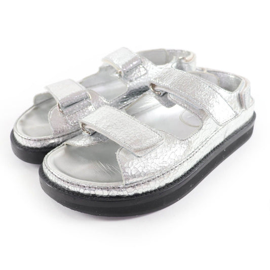 Chanel CC Logo Embroidered Back Strap Velcro Leather Flat Sandals