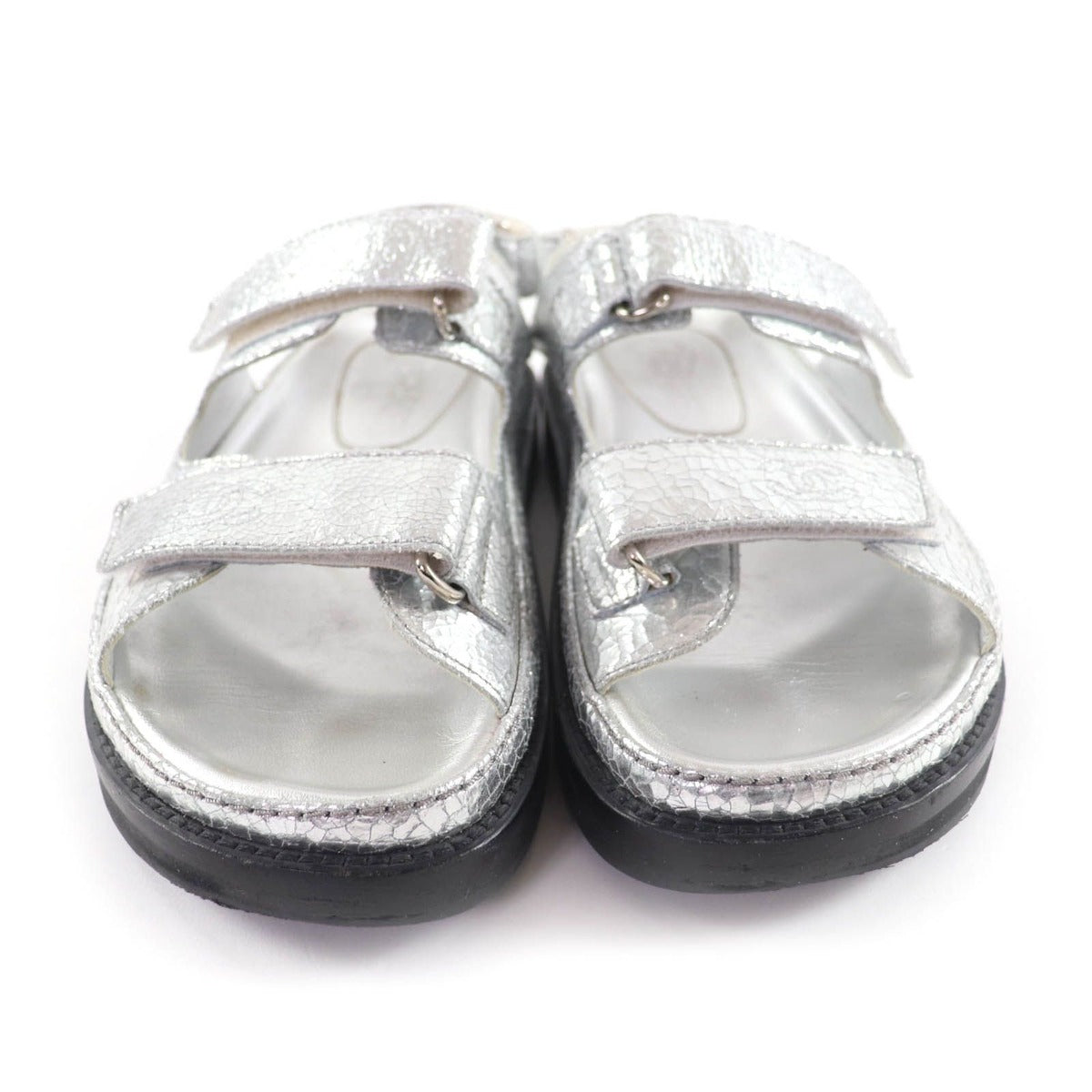 Chanel CC Logo Embroidered Back Strap Velcro Leather Flat Sandals — view 3
