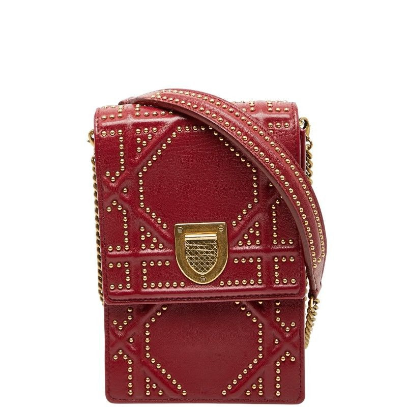 Diorama Studded Chain Shoulder Bag Red Gold Leather