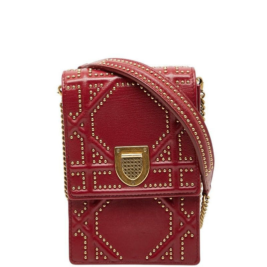 Diorama Studded Chain Shoulder Bag Red Gold Leather
