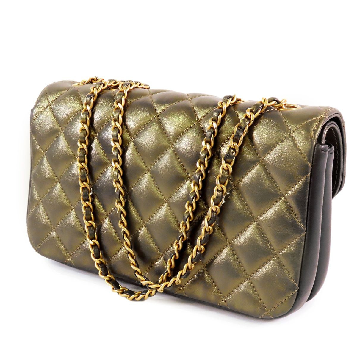 Chanel Quilted Double Flap Chain Gold Gray Leather CC Logo Shoulder Bag — view 2