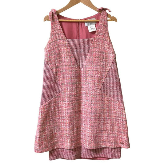 Chanel CC Logo Tweed Ribbon Layered Mini Dress 36 Pink
