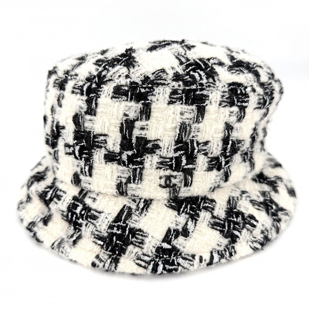 Chanel Hat Tweed Bucket Hat CC Logo M Wool Polyamide Black Ivory
