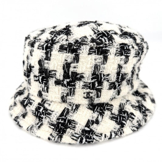 Chanel Hat Tweed Bucket Hat CC Logo M Wool Polyamide Black Ivory