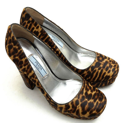 Prada Pumps Shoes Women Leather Dark Brown 8751 Leopard Chunky Heel High Heel