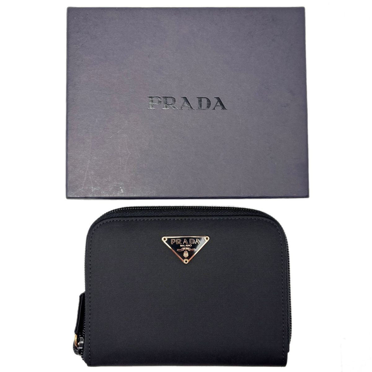 Prada Wallet Bifold Tessuto Nylon Leather Black Gold Zip Around