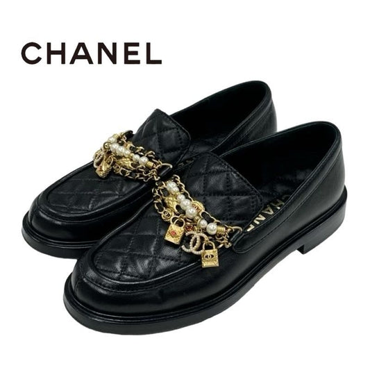 Chanel Loafer Leather Shoes Black Gold Coco Mark Chain Quilted Pearl
