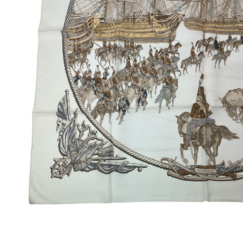 Hermes Scarf Silk Carre 90 Marine ET Cavalerie Sea And Cavalry White