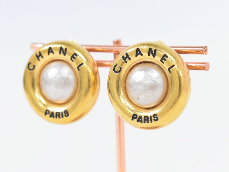 Authentic Chanel Logo Faux Pearl Earrings GP Gold Plated White Accessories