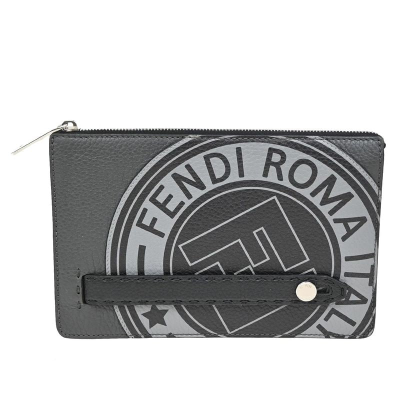 Fendi Clutch Bag Wallet Logo Leather Black Gray 31ka780
