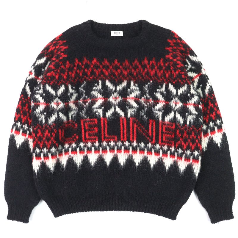 Celine 22AW 2aa80628s 100% Wool Fair Isle Logo Boxy Crew Neck Long Sleeve Knit