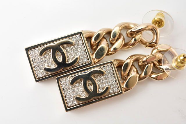 Chanel Earrings Chanel Swing Earrings CC Mark Coco Rhinestone Chien Pan Gold